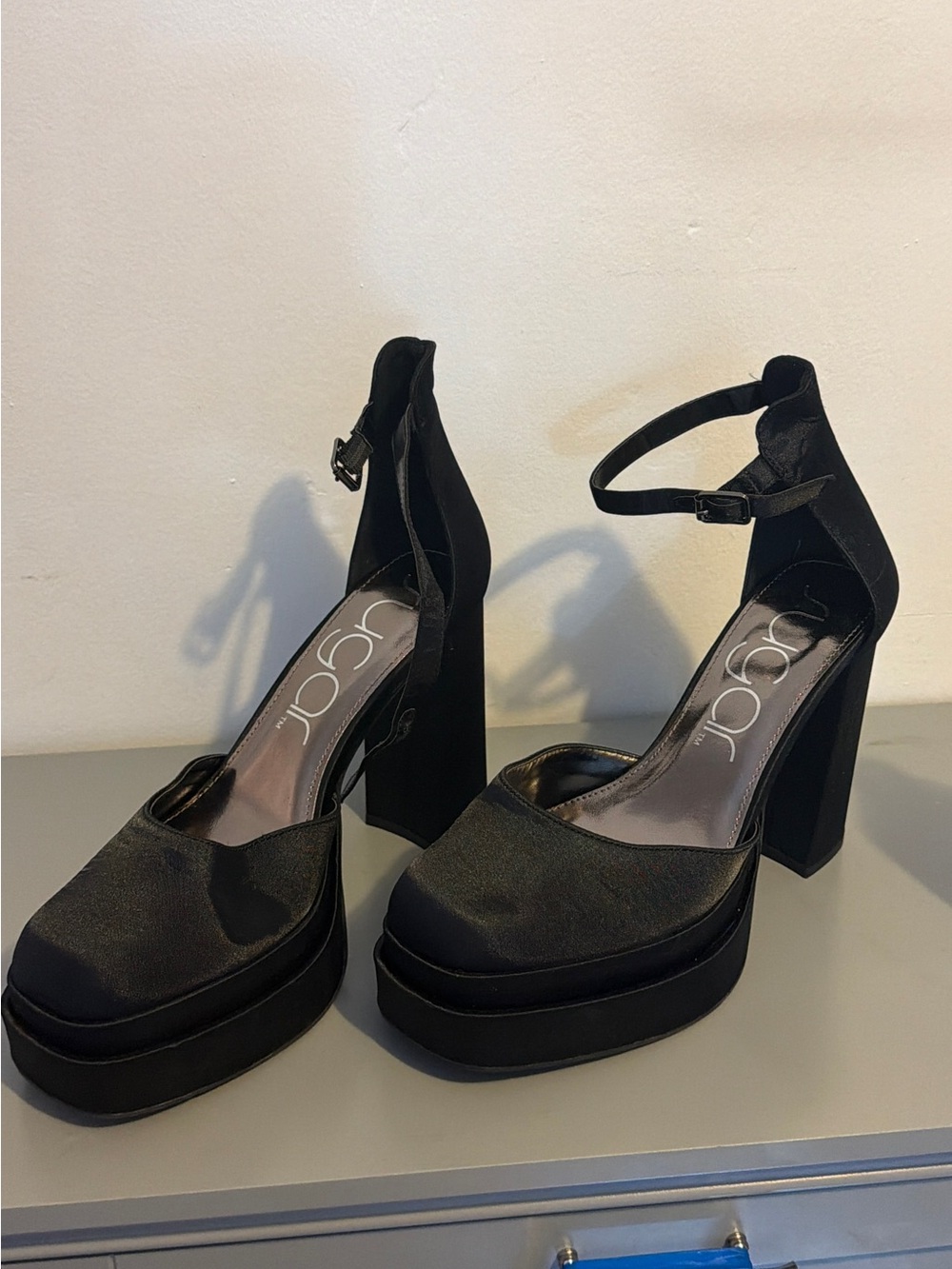 Sugar Black Platform Ankle-Strap Block Heels